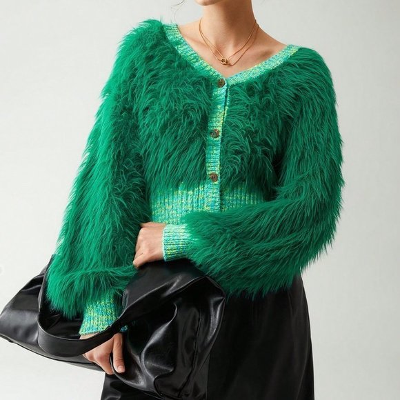 Green Casual Womens Solid Fuzzy Cardigan - Picture 5 of 5